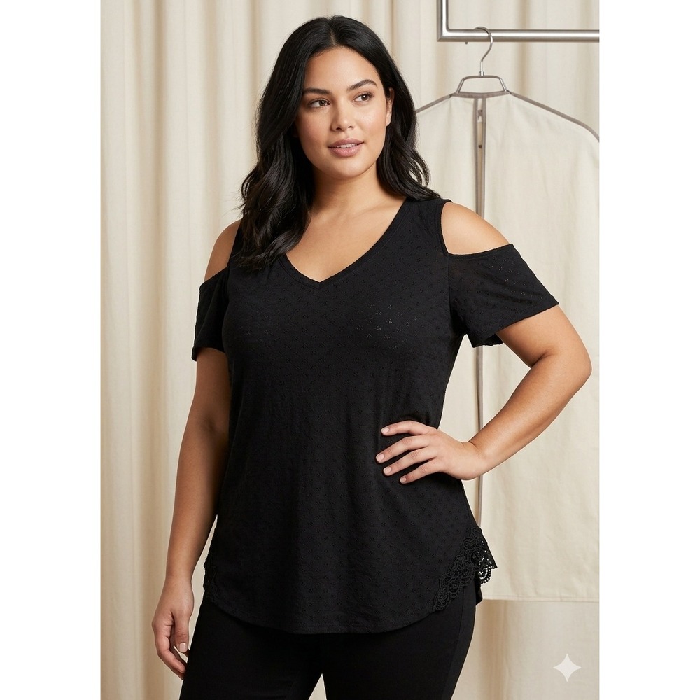 Lane Bryant‎ Swing Tee Women 22/24 Black NWT Cold Shoulder Lace Trim